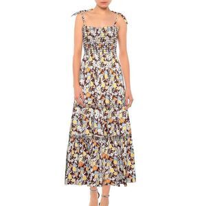 Tory Burch Reverie Smocked Shoulder Tie Brown Floral Print Summer Maxi Dress L